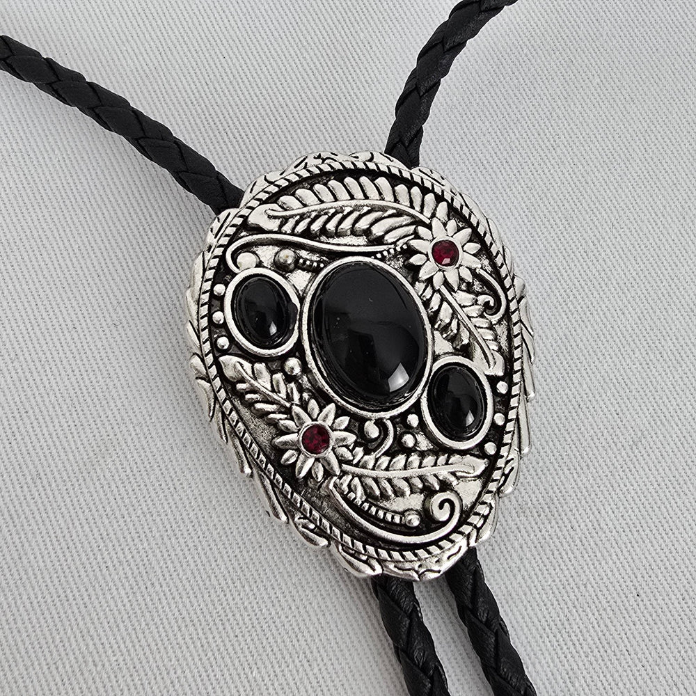 Western Bolo Tie Black Braided Cord Silver Tone Black Stone Slide