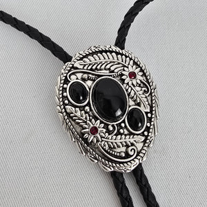 Western Bolo Tie Black Braided Cord Silver Tone Black Stone Slide