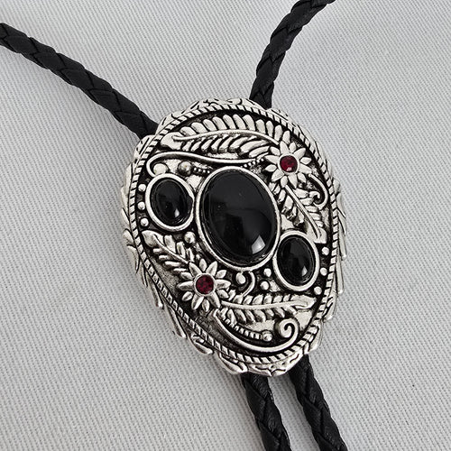 Western Bolo Tie Black Braided Cord Silver Tone Black Stone Slide