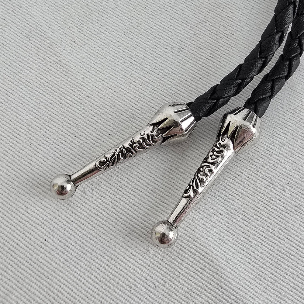 Western Bolo Tie Black Braided Cord Silver Tone Black Stone Slide