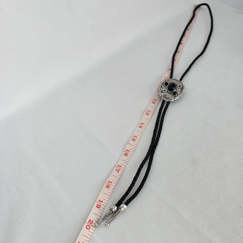 Western Bolo Tie Black Braided Cord Silver Tone Black Stone Slide