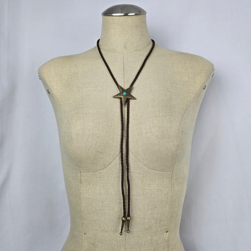 Western Star Bolo Tie Brown Braided Cord Turquoise Accent