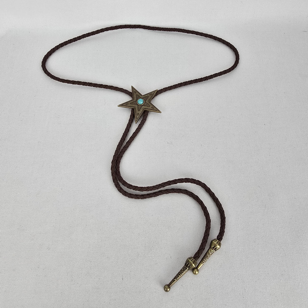 Western Star Bolo Tie Brown Braided Cord Turquoise Accent