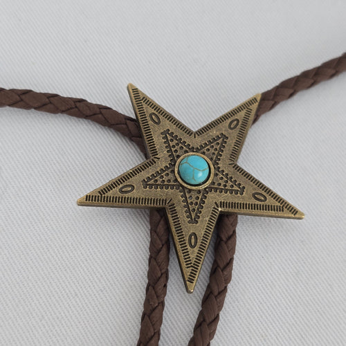 Western Star Bolo Tie Brown Braided Cord Turquoise Accent