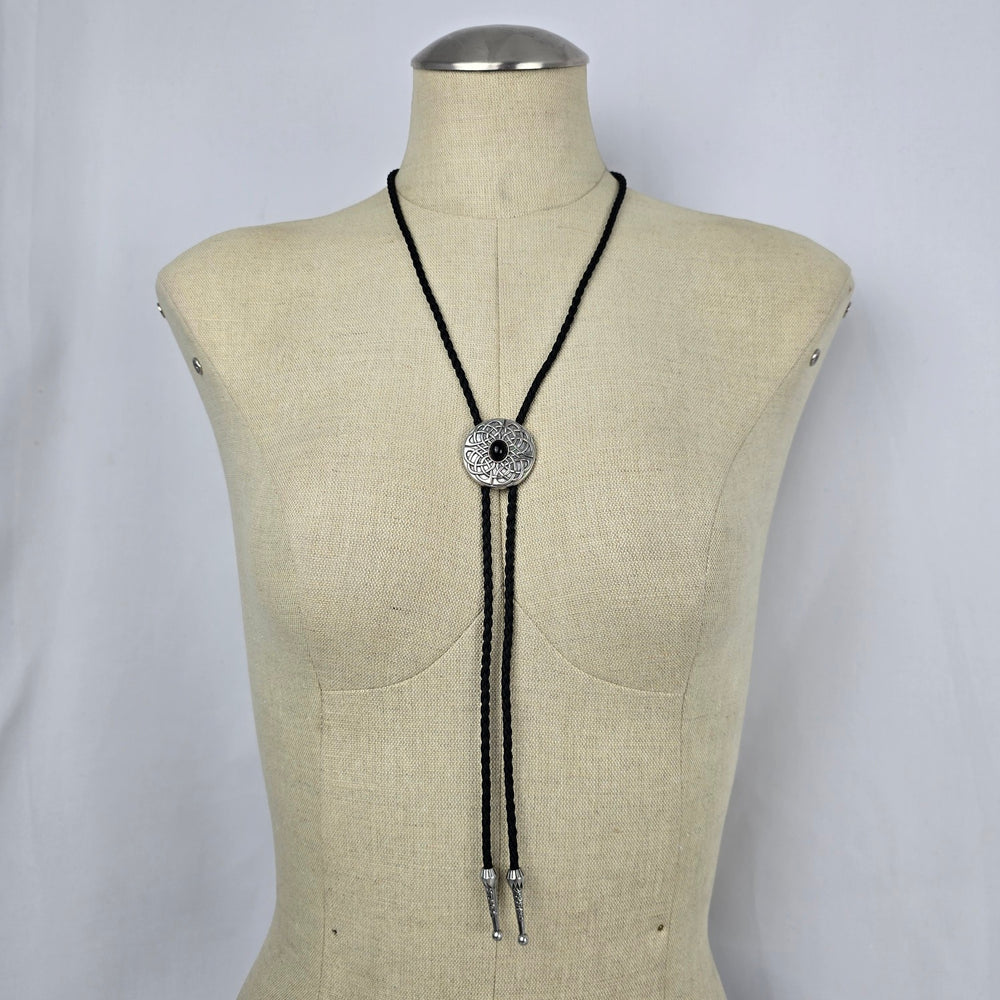 Black Celtic Knot Bolo Tie Silver Tone Western Necklace