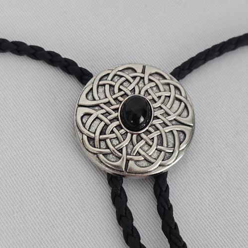 Black Celtic Knot Bolo Tie Silver Tone Western Necklace