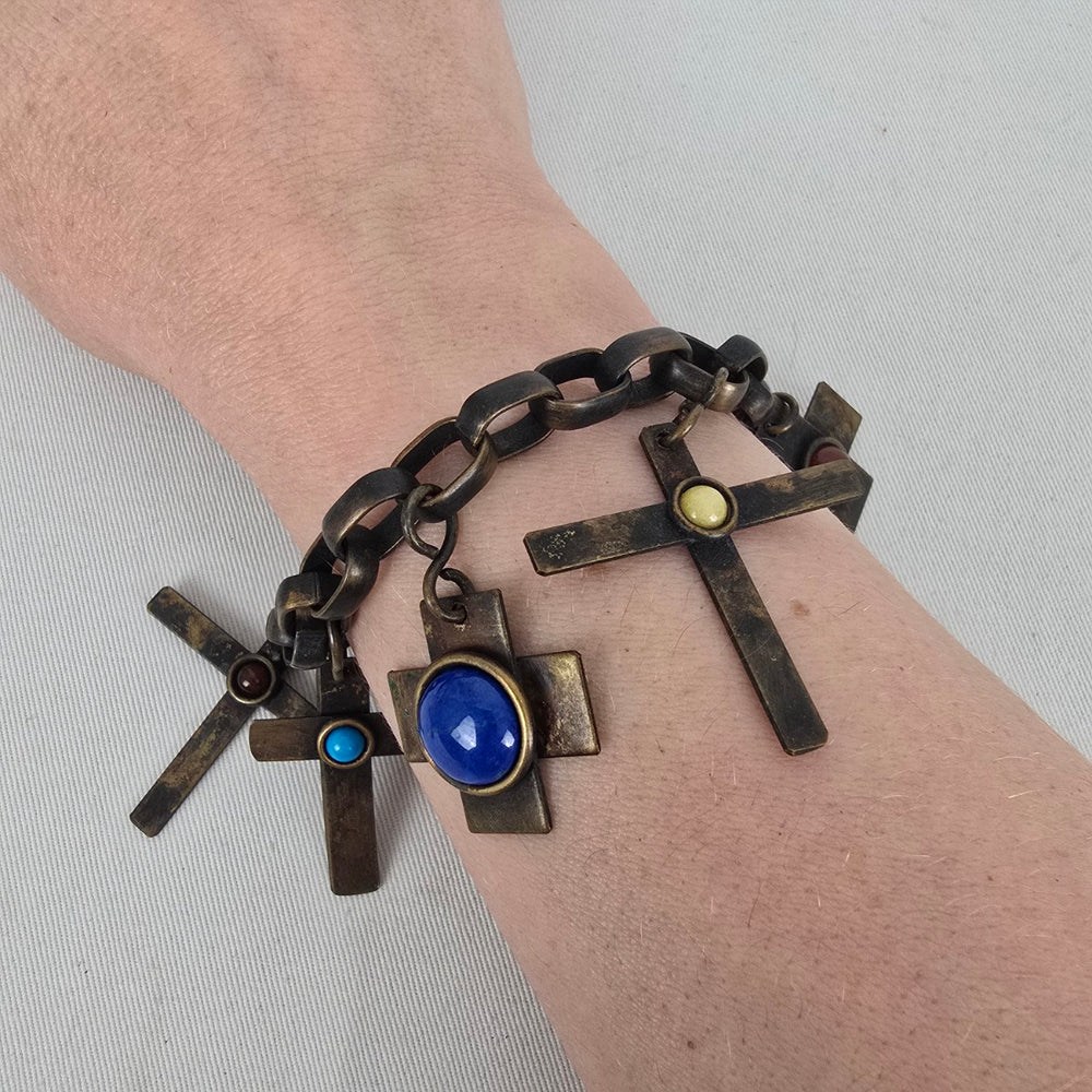 Vintage Signed Martha Sturdy Vancouver Brass Brutalist Cross Charm Bracelet