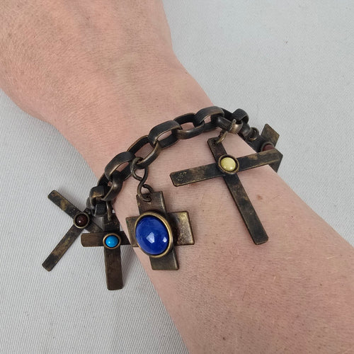Vintage Signed Martha Sturdy Vancouver Brass Brutalist Cross Charm Bracelet