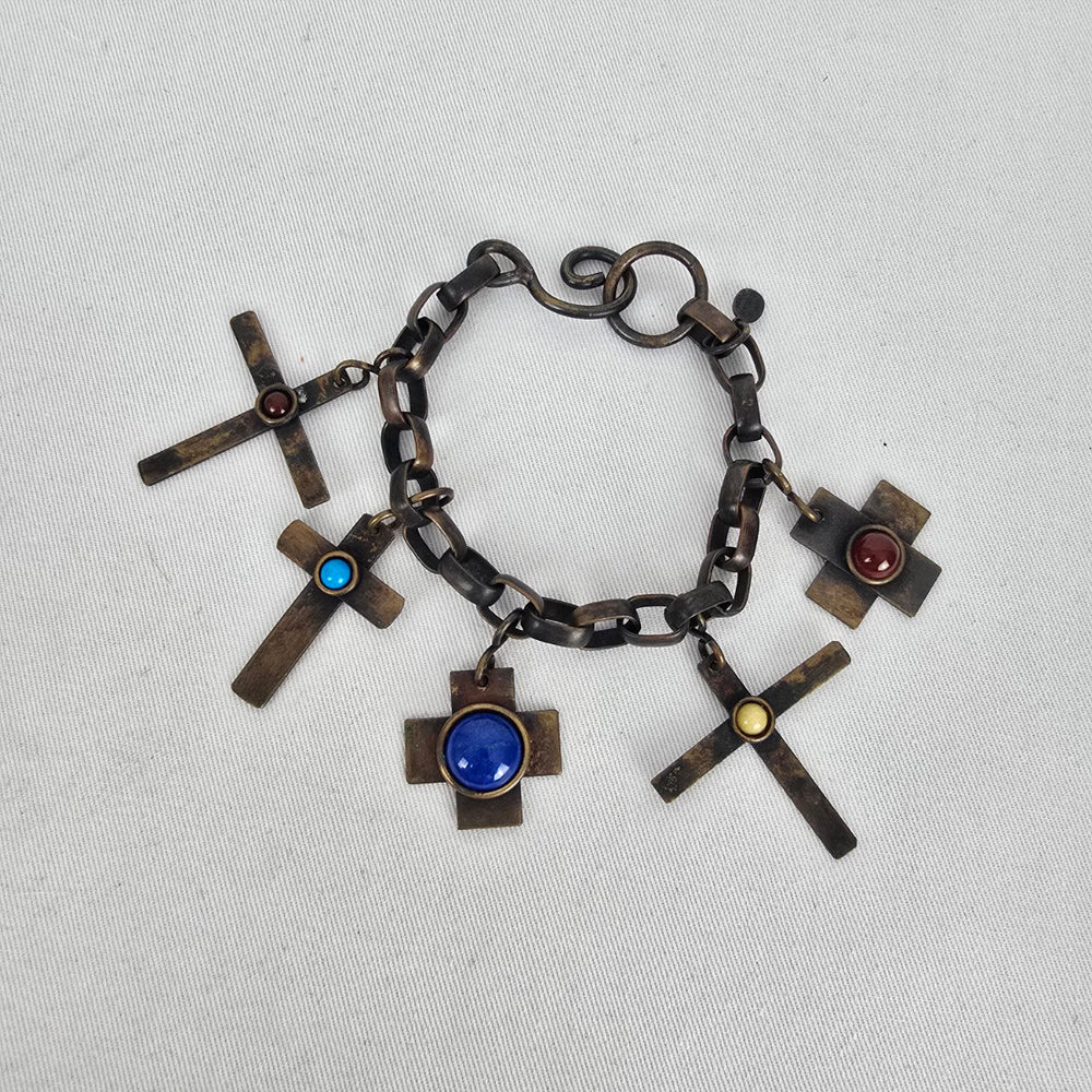 Vintage Signed Martha Sturdy Vancouver Brass Brutalist Cross Charm Bracelet