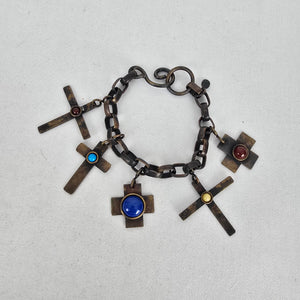 Vintage Signed Martha Sturdy Vancouver Brass Brutalist Cross Charm Bracelet