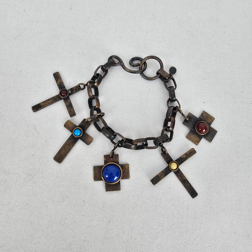 Vintage Signed Martha Sturdy Vancouver Brass Brutalist Cross Charm Bracelet