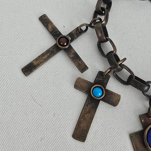 Vintage Signed Martha Sturdy Vancouver Brass Brutalist Cross Charm Bracelet