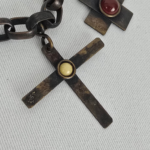 Vintage Signed Martha Sturdy Vancouver Brass Brutalist Cross Charm Bracelet