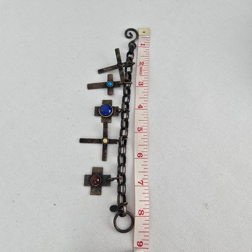 Vintage Signed Martha Sturdy Vancouver Brass Brutalist Cross Charm Bracelet