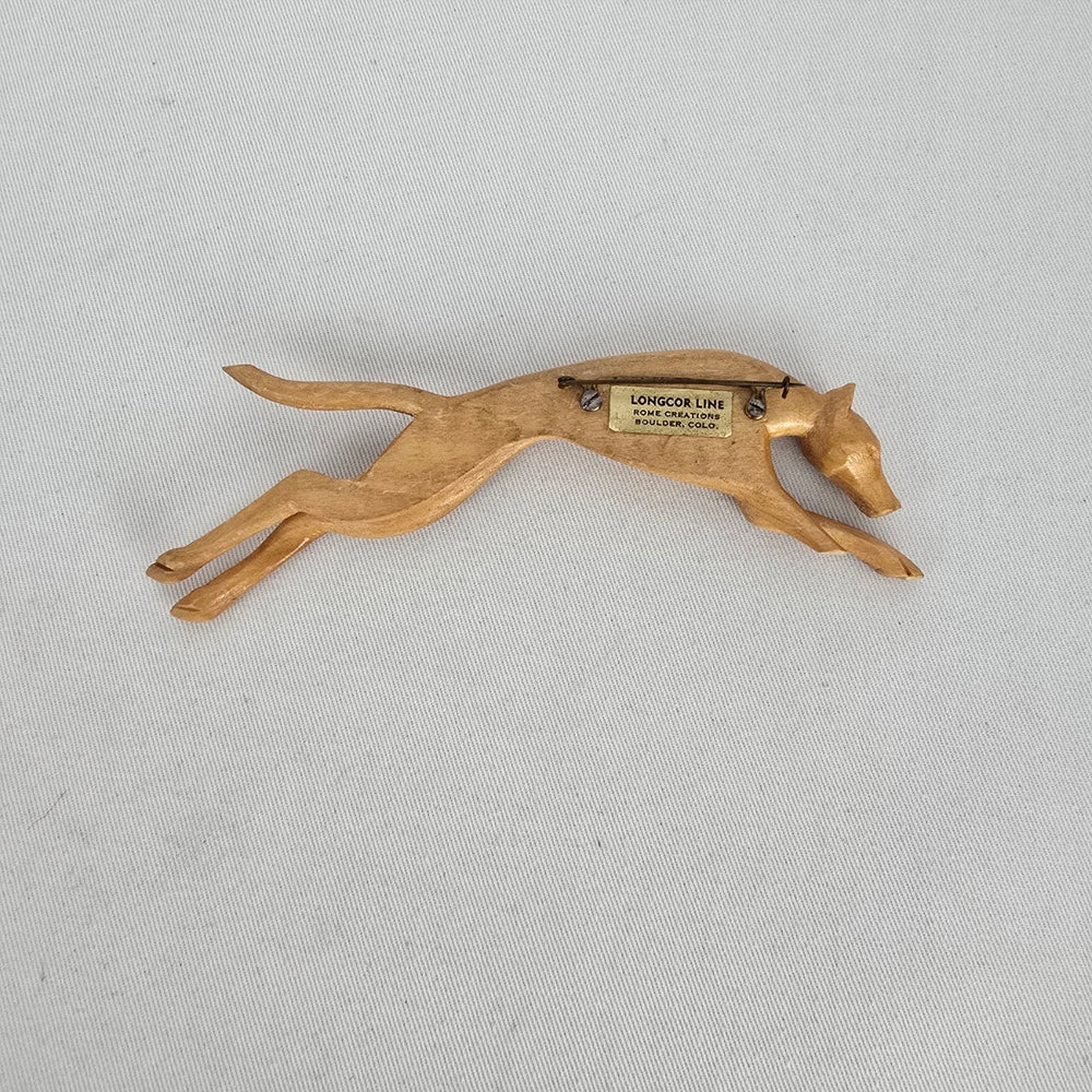 Vintage Longcor Line Carved Wood Greyhound Dog Brooch