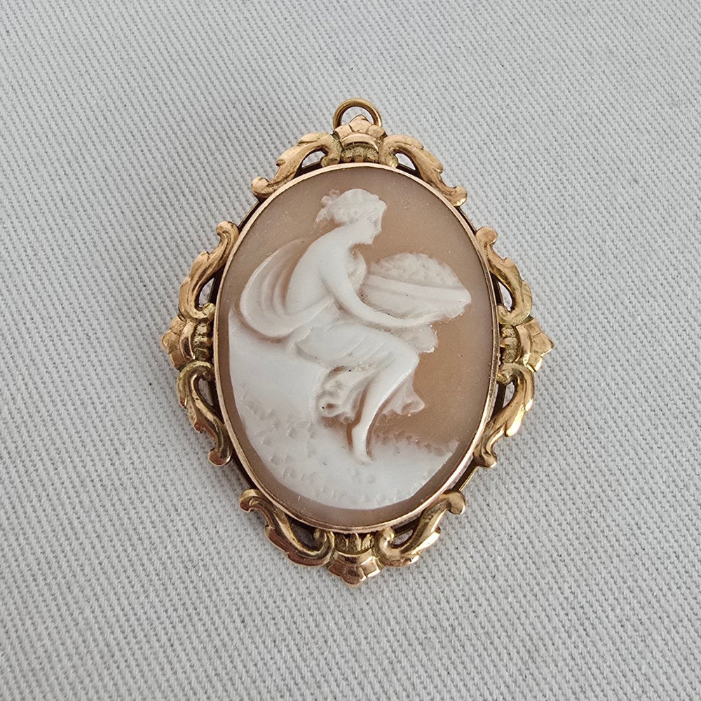 Antique Victorian 10K Solid Gold Carved Shell Cameo Brooch Pendant – Goddess Flora
