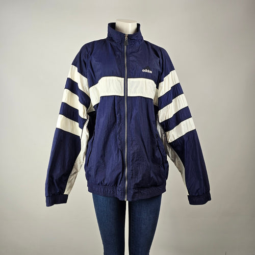 Vintage 90s Adidas Navy White Striped Windbreaker Jacket Size L