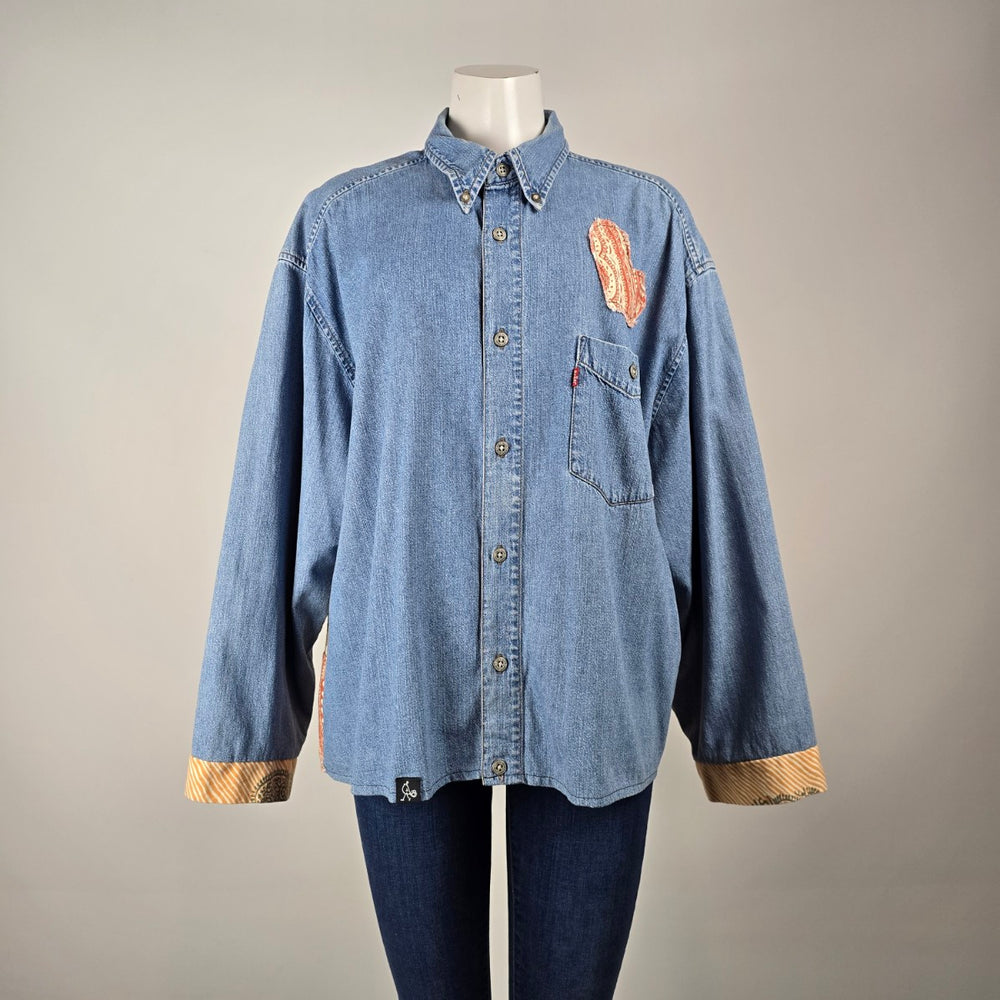Hip Chick Design Upcycled Denim Patchwork Shirt Jacket Size L/XL