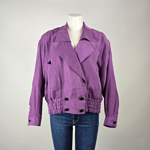 Vintage Purple Silk Bomber Jacket – 100% Silk Cropped Lightweight Jacket Size L