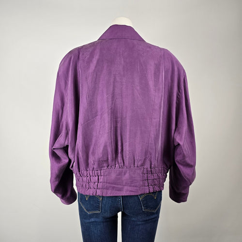 Vintage Purple Silk Bomber Jacket – 100% Silk Cropped Lightweight Jacket Size L