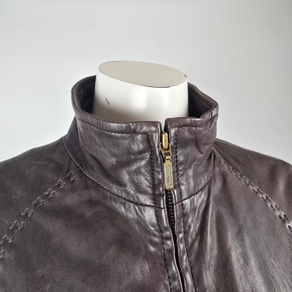 SKOTTS Brown Leather Jacket Size M – Fitted Zip Front Leather Coat