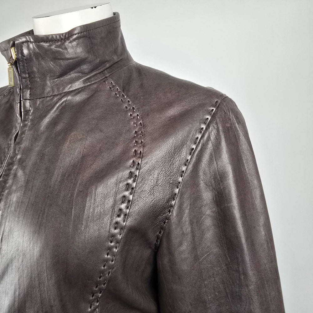 SKOTTS Brown Leather Jacket Size M – Fitted Zip Front Leather Coat