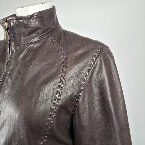 SKOTTS Brown Leather Jacket Size M – Fitted Zip Front Leather Coat