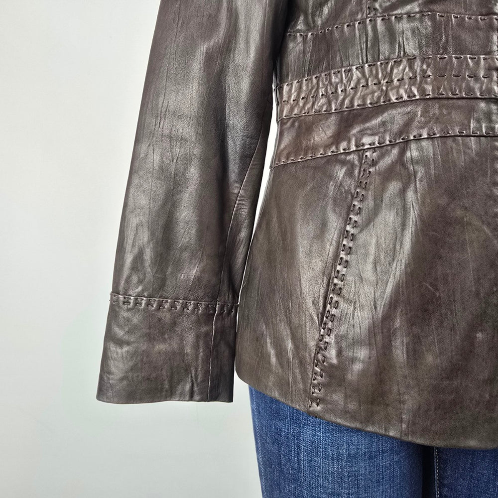 SKOTTS Brown Leather Jacket Size M – Fitted Zip Front Leather Coat
