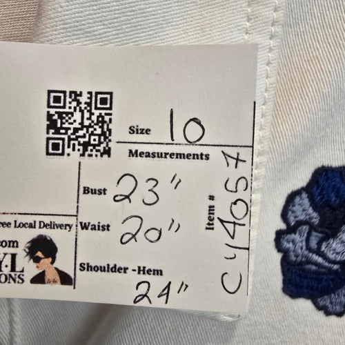 Long Tall Sally White Denim Jacket Size 10 – Blue Floral Embroidered Jean Jacket
