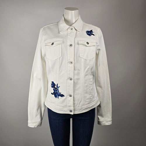 Long Tall Sally White Denim Jacket Size 10 – Blue Floral Embroidered Jean Jacket