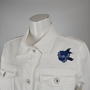 Long Tall Sally White Denim Jacket Size 10 – Blue Floral Embroidered Jean Jacket