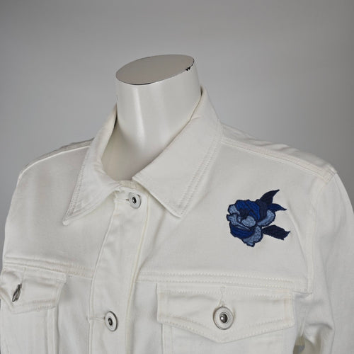 Long Tall Sally White Denim Jacket Size 10 – Blue Floral Embroidered Jean Jacket