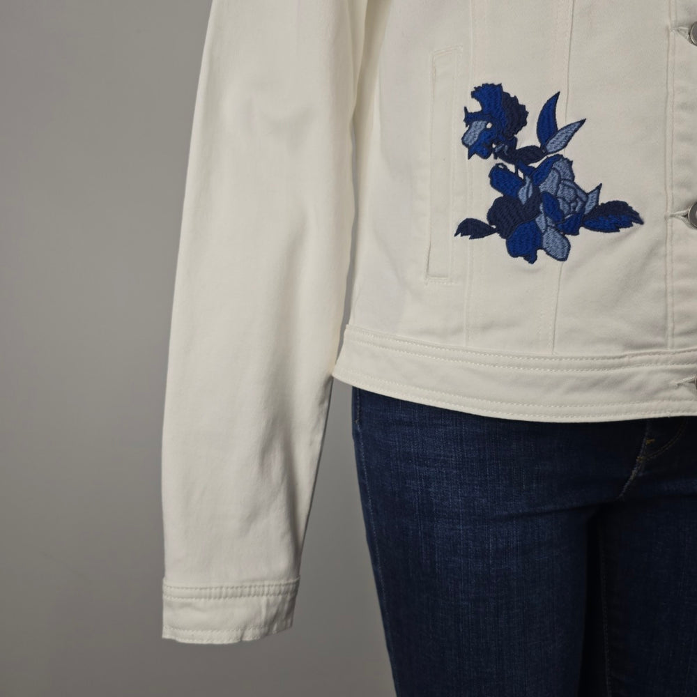 Long Tall Sally White Denim Jacket Size 10 – Blue Floral Embroidered Jean Jacket
