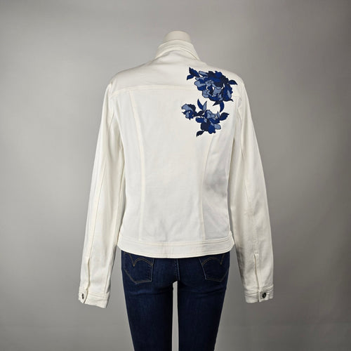 Long Tall Sally White Denim Jacket Size 10 – Blue Floral Embroidered Jean Jacket