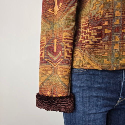Vintage Silverado Southwestern Tapestry Jacket Size M – Faux Fur Trim