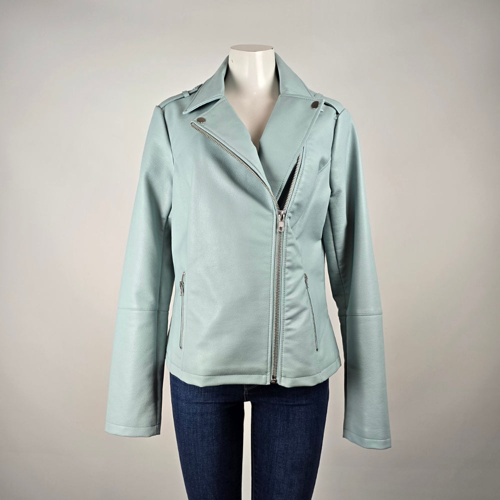 Long Tall Sally Pale Blue Faux Leather Moto Jacket Size US 10