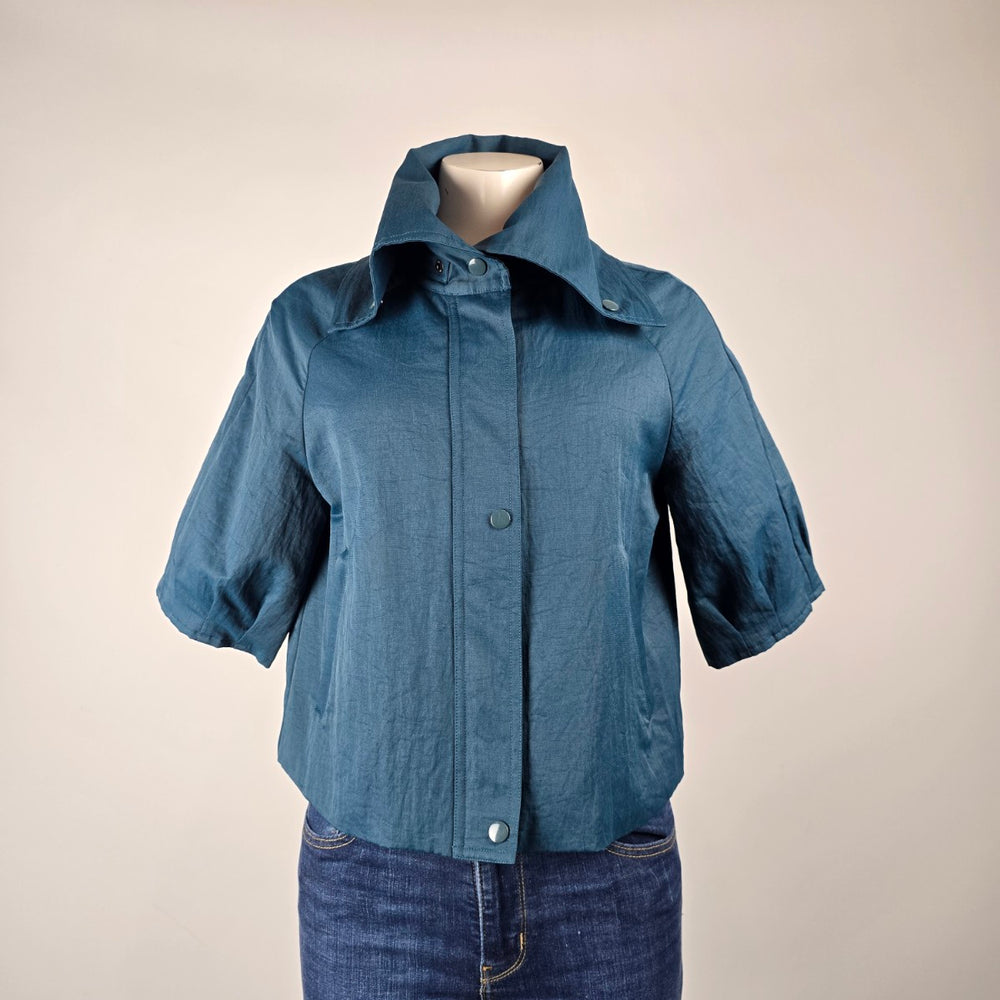 Samuel Dong Teal Cropped Jacket Size M – Short Sleeve Statement Collar