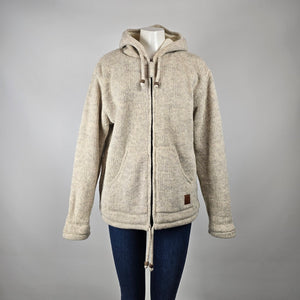 100% Wool Knit Hooded Jacket Made in Nepal – Fleece Lined Sweater Coat Size M