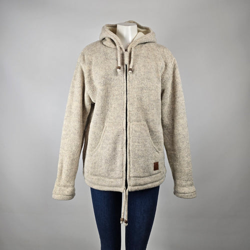 100% Wool Knit Hooded Jacket Made in Nepal – Fleece Lined Sweater Coat Size M