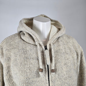 100% Wool Knit Hooded Jacket Made in Nepal – Fleece Lined Sweater Coat Size M