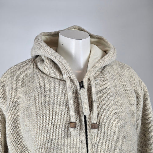 100% Wool Knit Hooded Jacket Made in Nepal – Fleece Lined Sweater Coat Size M