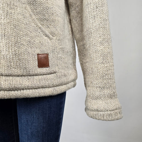 100% Wool Knit Hooded Jacket Made in Nepal – Fleece Lined Sweater Coat Size M