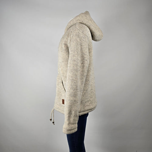 100% Wool Knit Hooded Jacket Made in Nepal – Fleece Lined Sweater Coat Size M