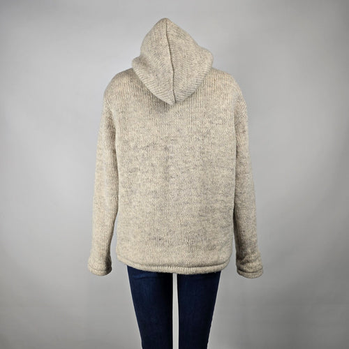 100% Wool Knit Hooded Jacket Made in Nepal – Fleece Lined Sweater Coat Size M