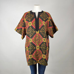 Vintage Black Red Gold Caftan Tunic Top – Boho Short Sleeve Statement Blouse