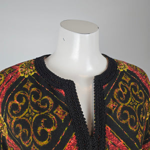 Vintage Black Red Gold Caftan Tunic Top – Boho Short Sleeve Statement Blouse
