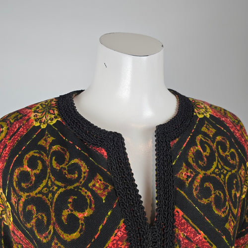 Vintage Black Red Gold Caftan Tunic Top – Boho Short Sleeve Statement Blouse