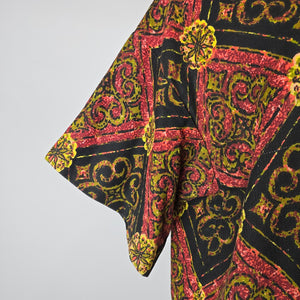 Vintage Black Red Gold Caftan Tunic Top – Boho Short Sleeve Statement Blouse