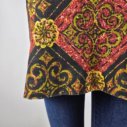 Vintage Black Red Gold Caftan Tunic Top – Boho Short Sleeve Statement Blouse