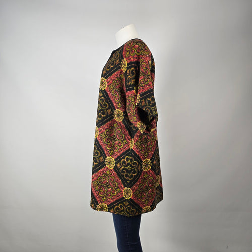 Vintage Black Red Gold Caftan Tunic Top – Boho Short Sleeve Statement Blouse